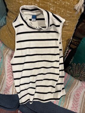 Old Navy White and Black Striped Ribbed Mock Neck Tank